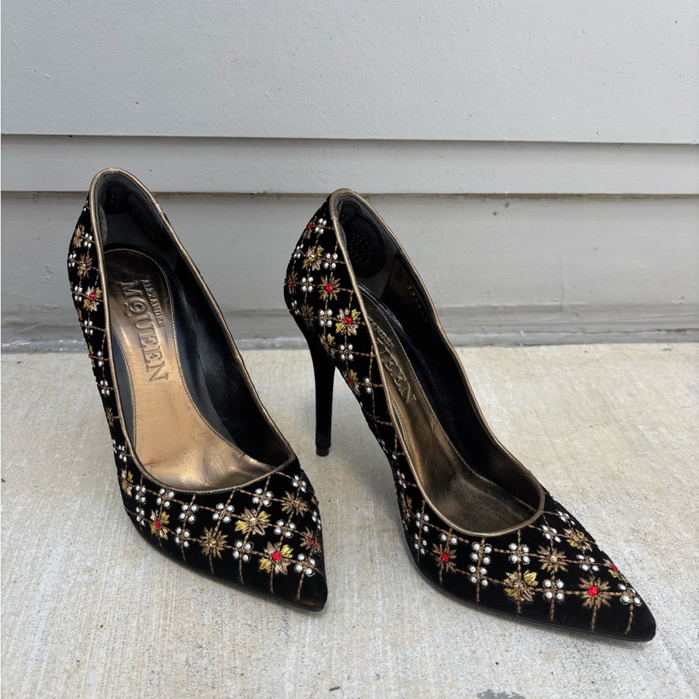 Alexander McQueen Black Velvet and Gold Stiletto Heels